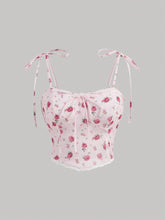 Summer Small Floral Spliced Lace Trim Spaghetti Strap Multi-Layer Ruffled Hem Package Hip Mesh Skirt Set